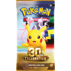 Sobre de cartas Pokémon 30th Anniversary con Pikachu, Mew y Mewtwo en un empaque dorado brillante con logo conmemorativo.