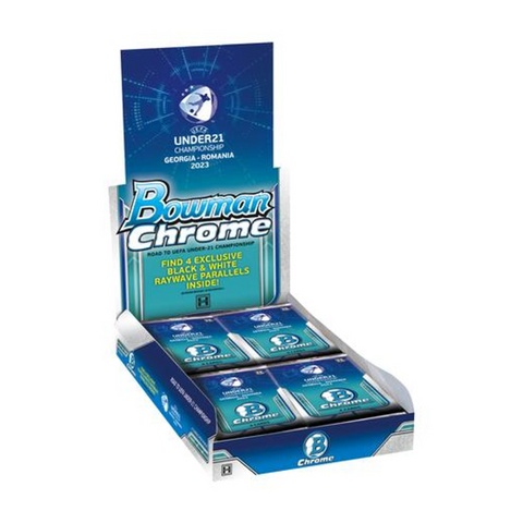 Caja de cartas Topps 2022 Bowman Chrome UEFA U21 Lite con sobres azules y diseño deportivo brillante.