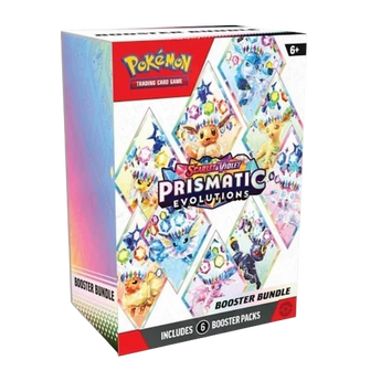 Caja de cartón Booster Bundle de Pokémon Prismatic Evolutions con ilustraciones de Eevee y sus evoluciones en diseño prismático.