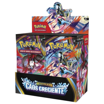 Booster box de Pokémon Caos Creciente con 36 sobres y diseño de Mega Greninja ex en tonos azules y rojos vibrantes.