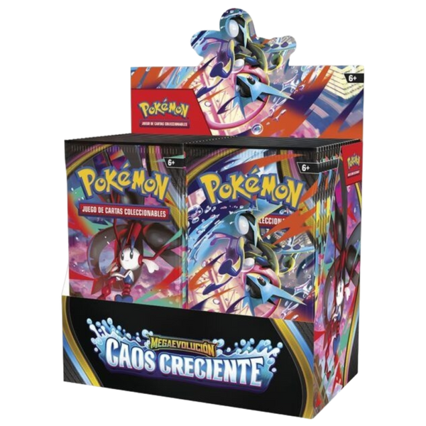 Booster box de Pokémon Caos Creciente con 36 sobres y diseño de Mega Greninja ex en tonos azules y rojos vibrantes.