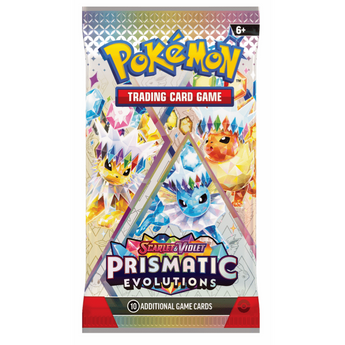 Sobre de cartas Pokémon Scarlet & Violet Prismatic Evolutions con diseño brillante y coloridas ilustraciones de Eevee.