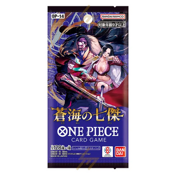 Sobre de cartas One Piece OP-14 The Azure Sea's Seven con diseño morado y personajes de la serie en el empaque.