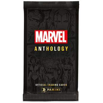 Sobre de cartas coleccionables Panini Marvel Anthology con diseño negro, logo rojo y arte de cómics en relieve.