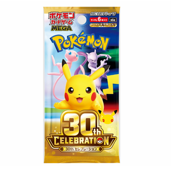 Sobre de cartas Pokémon 30th Anniversary con Pikachu, Mew y Mewtwo en un empaque dorado conmemorativo de edición especial.