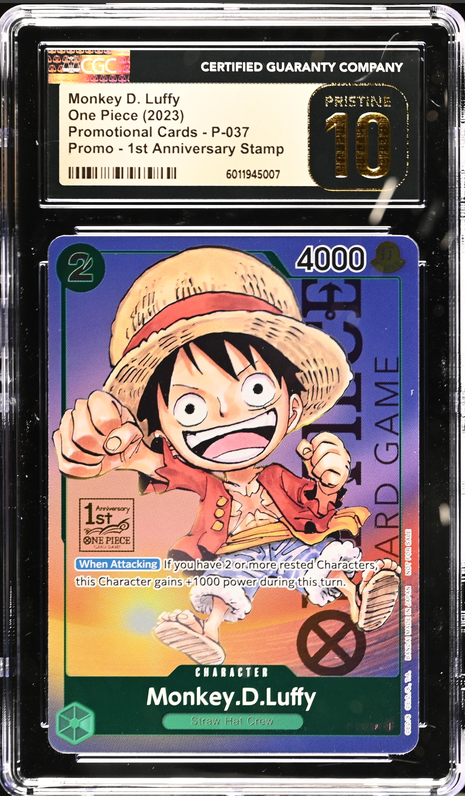 Graded CGC 10 Pristine Monkey D. Luffy P-037 One Piece promo card with 1st Anniversary stamp in a protective plastic slab.