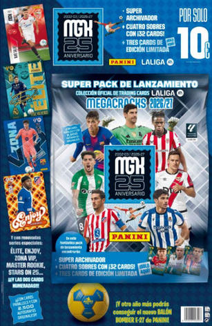 Pack de lanzamiento Panini Megacracks 2026/27 con archivador, cuatro sobres de cartas y diseño conmemorativo 25 aniversario.
