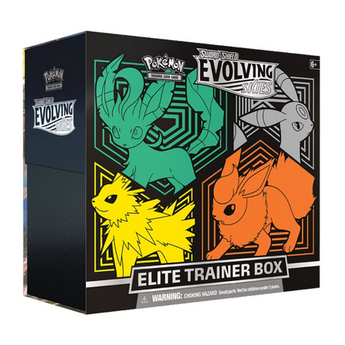 Caja de Entrenador Élite Pokémon Cielos Evolutivos con ilustraciones coloridas de Eevee y sus evoluciones sobre fondo negro.