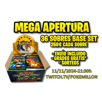 Caja de 36 sobres de Pokémon Base Set en español con diseño de Venusaur y Charizard para evento de mega apertura.