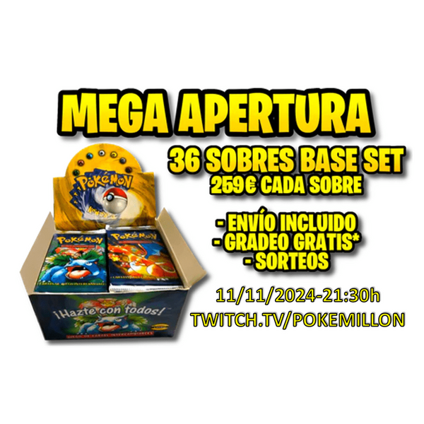 Caja de 36 sobres de Pokémon Base Set en español con diseño de Venusaur y Charizard para evento de mega apertura.