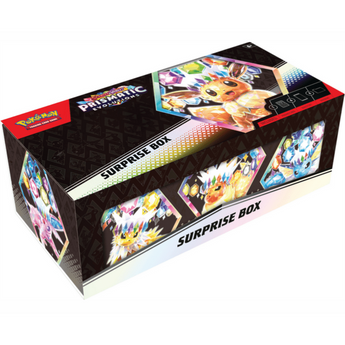 Caja de almacenamiento negra de Pokémon Prismatic Evolutions con ilustraciones coloridas de Eevee y sus evoluciones.