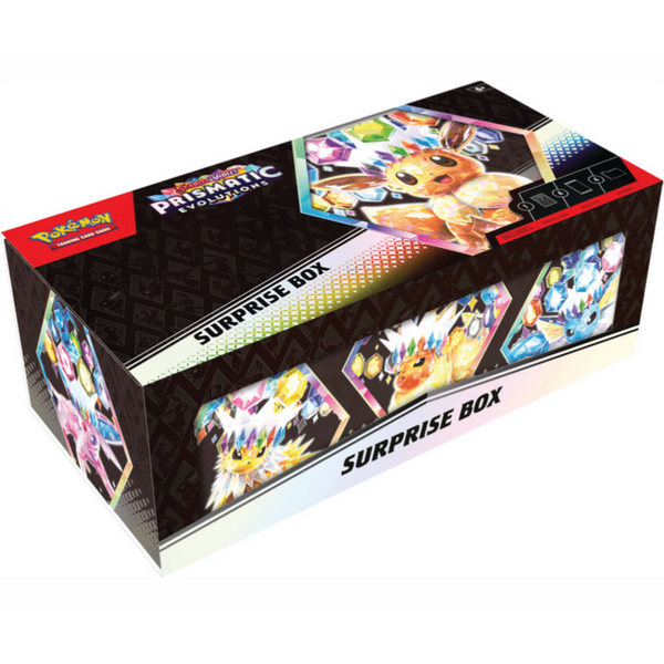 Caja de almacenamiento negra de Pokémon Prismatic Evolutions con ilustraciones coloridas de Eevee y sus evoluciones.