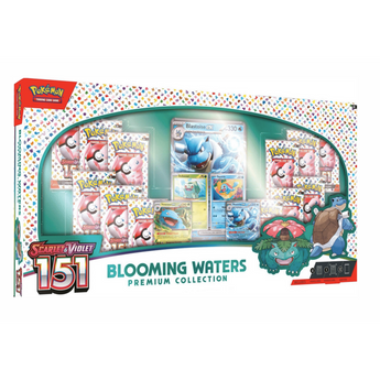 Caja premium Pokémon 151 Blooming Waters con 12 sobres, cartas foil de starters y carta jumbo de Blastoise ex en empaque colorido.
