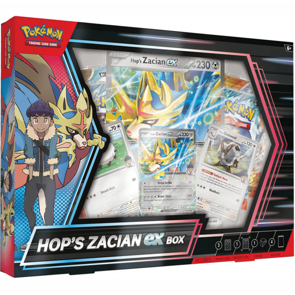 Caja de colección Pokémon TCG Hop's Zacian ex con cartas promocionales, carta jumbo y sobres de refuerzo en empaque negro.