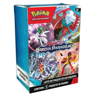 Caja de Booster Bundle Pokémon Brecha Paradójica con diseño colorido y seis sobres de cartas coleccionables.