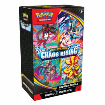 Caja de Booster Bundle Pokémon TCG Chaos Rising con ilustraciones de Mega Greninja y otros Pokémon en colores vibrantes.