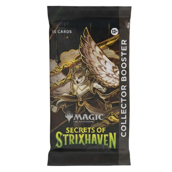 Sobre Collector Booster de Magic: The Gathering Strixhaven con ilustración de un búho alado sobre fondo negro y dorado.