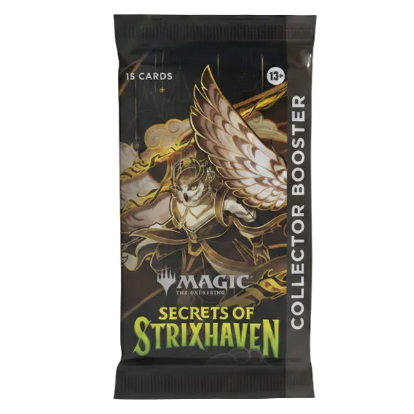 Sobre Collector Booster de Magic: The Gathering Strixhaven con ilustración de un búho alado sobre fondo negro y dorado.
