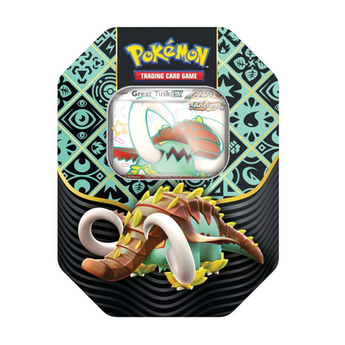 Lata metálica hexagonal de Pokémon Destinos de Paldea con el diseño de Colmilargo y carta promocional visible.