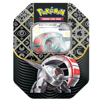 Lata metálica Pokémon Destinos de Paldea con diseño de Iron Treads y carta promocional en el centro sobre fondo negro.