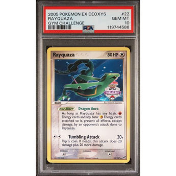 PSA 10 graded 2005 Rayquaza EX Deoxys Gym Challenge promo card featuring green dragon artwork in a protective slab.