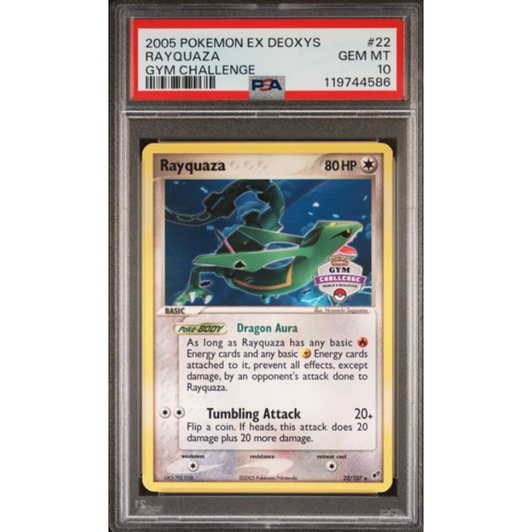 PSA 10 graded 2005 Rayquaza EX Deoxys Gym Challenge promo card featuring green dragon artwork in a protective slab.