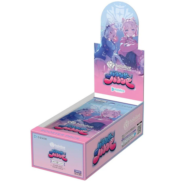 Caja de 12 sobres Hololive Official Card Game Bouncer Bound con diseño en tonos rosa y azul y arte de personajes anime.