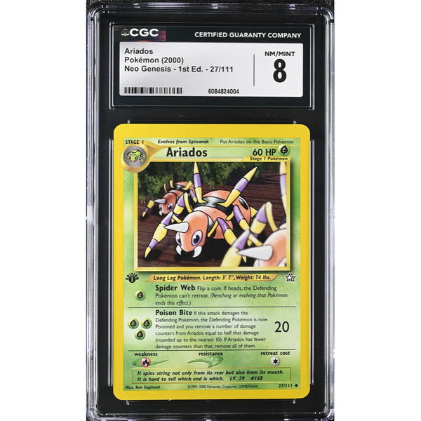 CGC graded 8 Ariados 1st Edition Neo Genesis Pokémon card in a protective plastic slab.