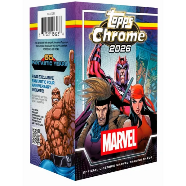 Caja Topps Chrome Marvel 2026 con arte de Magneto, Gambito y Elektra, destacando el logo de 65 Fantastic Years.