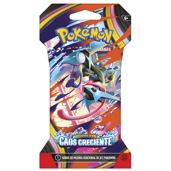 Sobre de cartas Pokémon Chaos Rising con Mega Greninja ex en un empaque colorido con detalles en azul, rojo y morado.