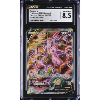Carta Pokémon Espeon V 180/203 en español, holográfica y graduada 8.5 por CGC en estuche protector transparente.