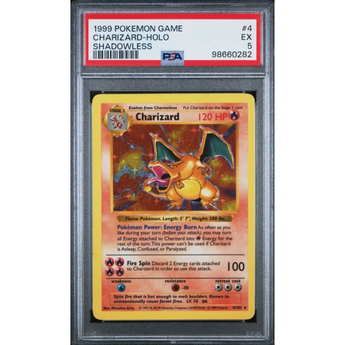 PSA 5 graded 1999 Shadowless Charizard Holo trading card in a protective plastic slab case.
