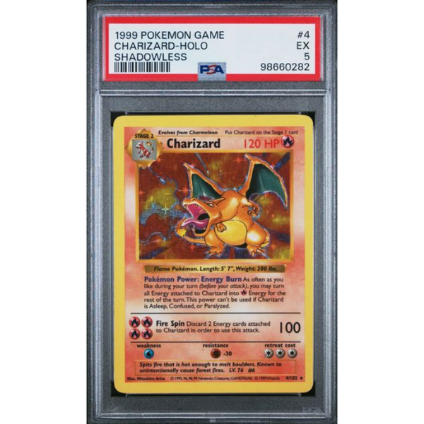 PSA 5 graded 1999 Shadowless Charizard Holo trading card in a protective plastic slab case.