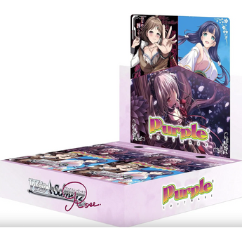Caja booster sellada de Weiss Schwarz Rose con ilustraciones de anime y logo de Purple Software en tonos morados.