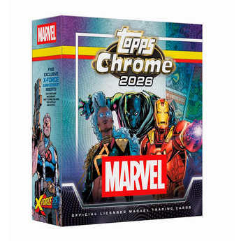 Caja Topps Chrome Marvel 2026 con arte de Iron Man, Black Panther y Storm en un empaque premium brillante y colorido.
