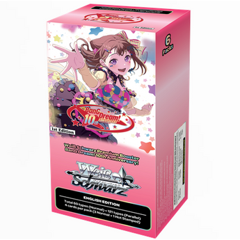 Caja booster rosa de Weiss Schwarz BanG Dream! 10th Anniversary con ilustración de anime y 6 sobres de cartas.