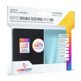 Pack de 100 fundas Gamegenic Matte negras y transparentes para doble enfundado de cartas estándar.