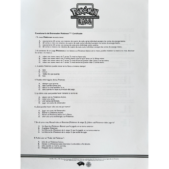 Cuestionario oficial vintage de la Liga Pokémon TCG de 1999 con logo y preguntas de reglas sobre fondo blanco.