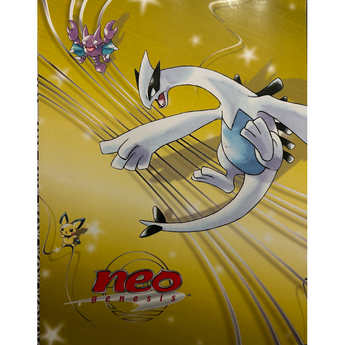 Panfleto promocional amarillo de Pokémon Neo Genesis con ilustraciones de Lugia, Gligar y Pichu sobre fondo brillante.