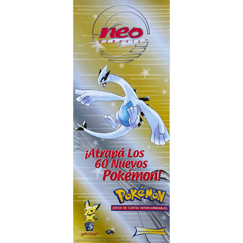 Póster promocional vintage de Pokémon Neo Genesis con Lugia y Pichu, diseño vertical de 50x20 cm en tonos dorados y blancos.