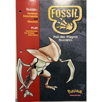 Guía oficial Pokémon Fossil de Wizards of the Coast con Kabutops en portada, diseño vintage en rojo y azul con checklist.