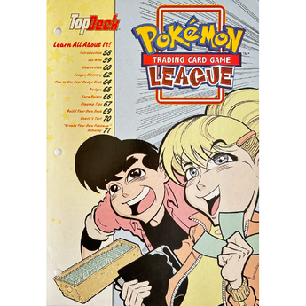 Manual vintage de Pokémon TCG League con ilustraciones estilo anime, índice de contenidos y logo de Wizards of the Coast.