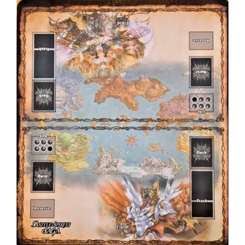 Battle Spirits Saga dual rubber playmat with a fantasy map design, card zones for two players, and official branding.