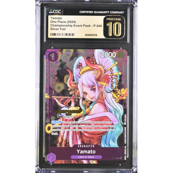 Graded CGC 10 Yamato P-046 silver foil One Piece trading card featuring vibrant character art in a protective case.