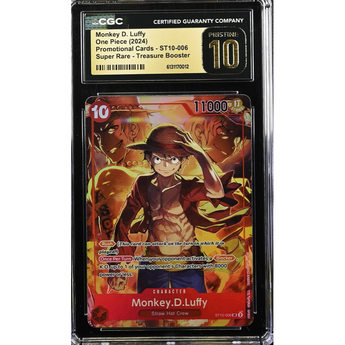 CGC Pristine 10 graded Monkey D. Luffy ST10-006 One Piece promo card featuring vibrant red artwork in a protective case.