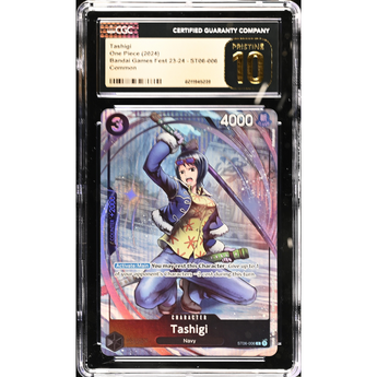 CGC Pristine 10 graded Tashigi One Piece promo card featuring a dynamic sword-wielding character in a protective case.
