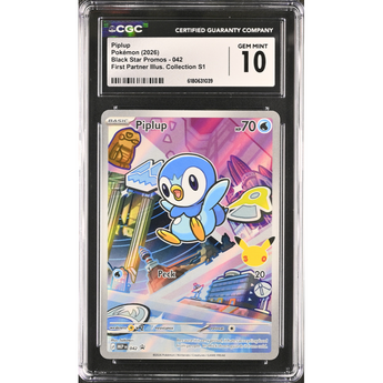 Graded Gem Mint 10 CGC Piplup MEP 042 Black Star Promo card featuring colorful, stylized artwork in a plastic slab.