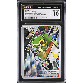 CGC Gem Mint 10 graded Snivy Black Star Promo card featuring a vibrant, multi-paneled city art design.
