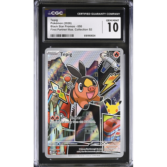 CGC graded Gem Mint 10 Tepig Black Star Promo 050 Pokémon card featuring a colorful, illustrated city background.
