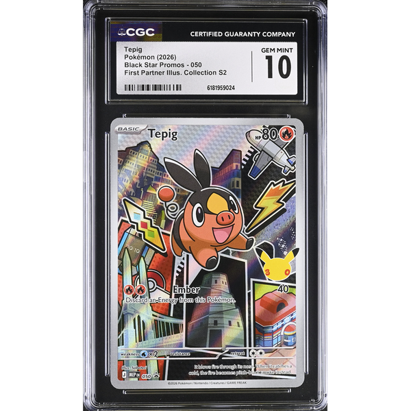 CGC graded Gem Mint 10 Tepig Black Star Promo 050 Pokémon card featuring a colorful, illustrated city background.